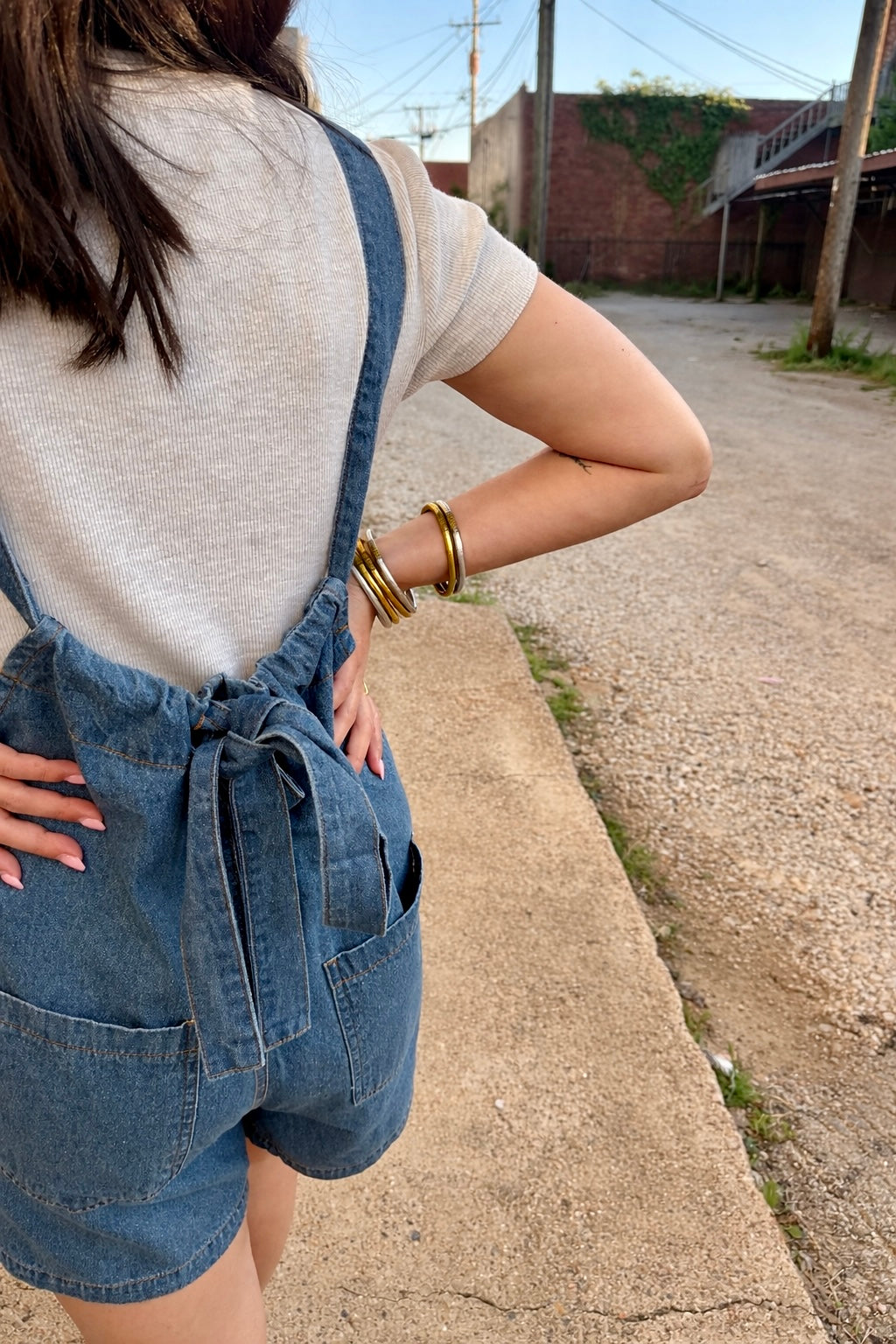 Denim Romper with Gathered Neck
