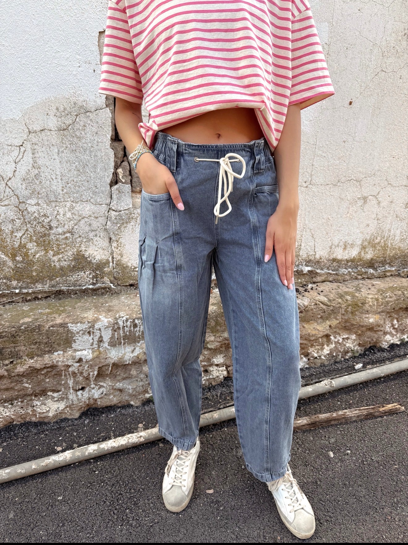 Denim Barrel Drawstring Jeans