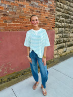 Oversized Striped V-Stitch Short Sleeve Top