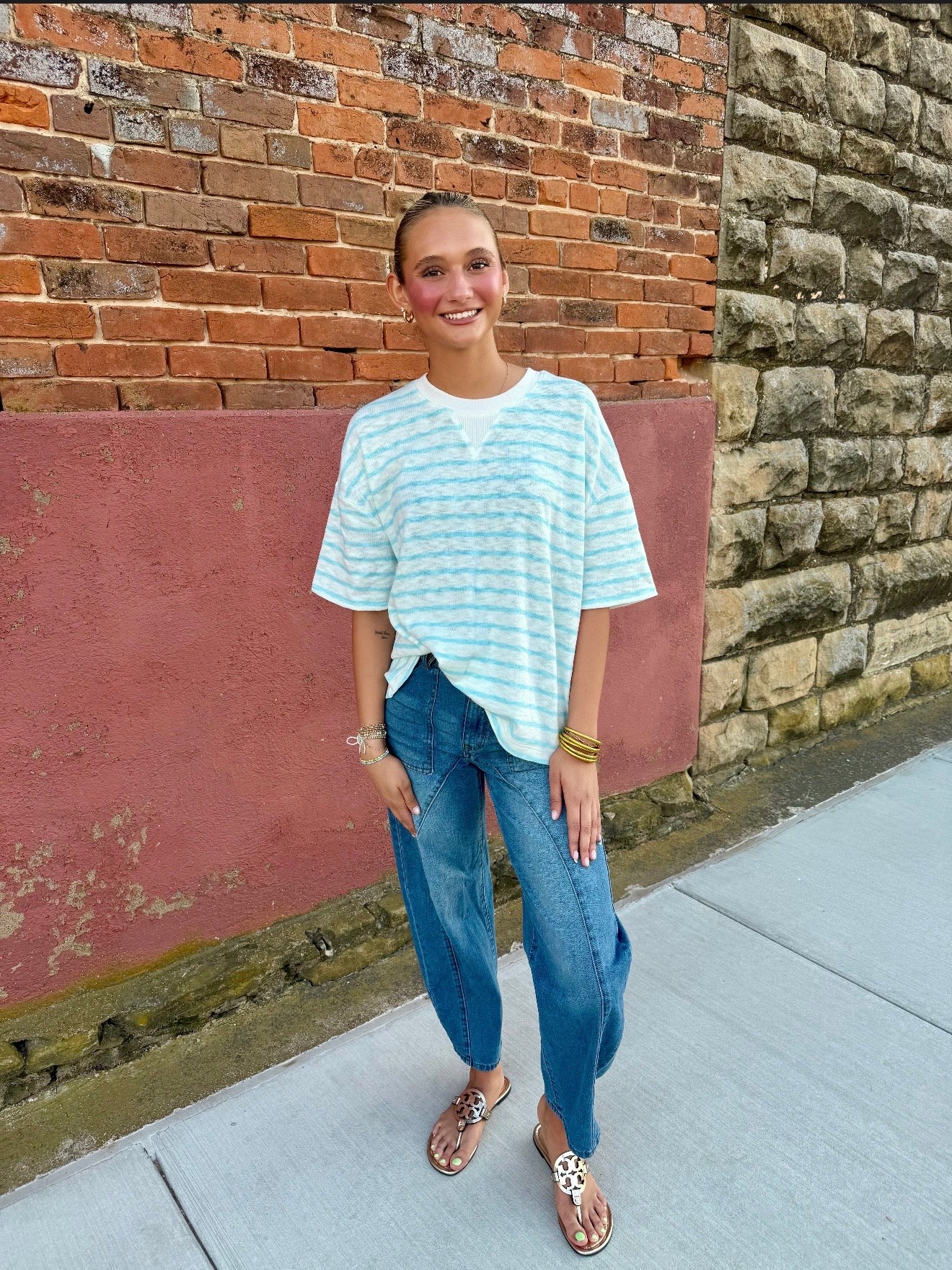Oversized Striped V-Stitch Short Sleeve Top