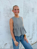 Gingham Sleeveless Peplum Top with Side Ties