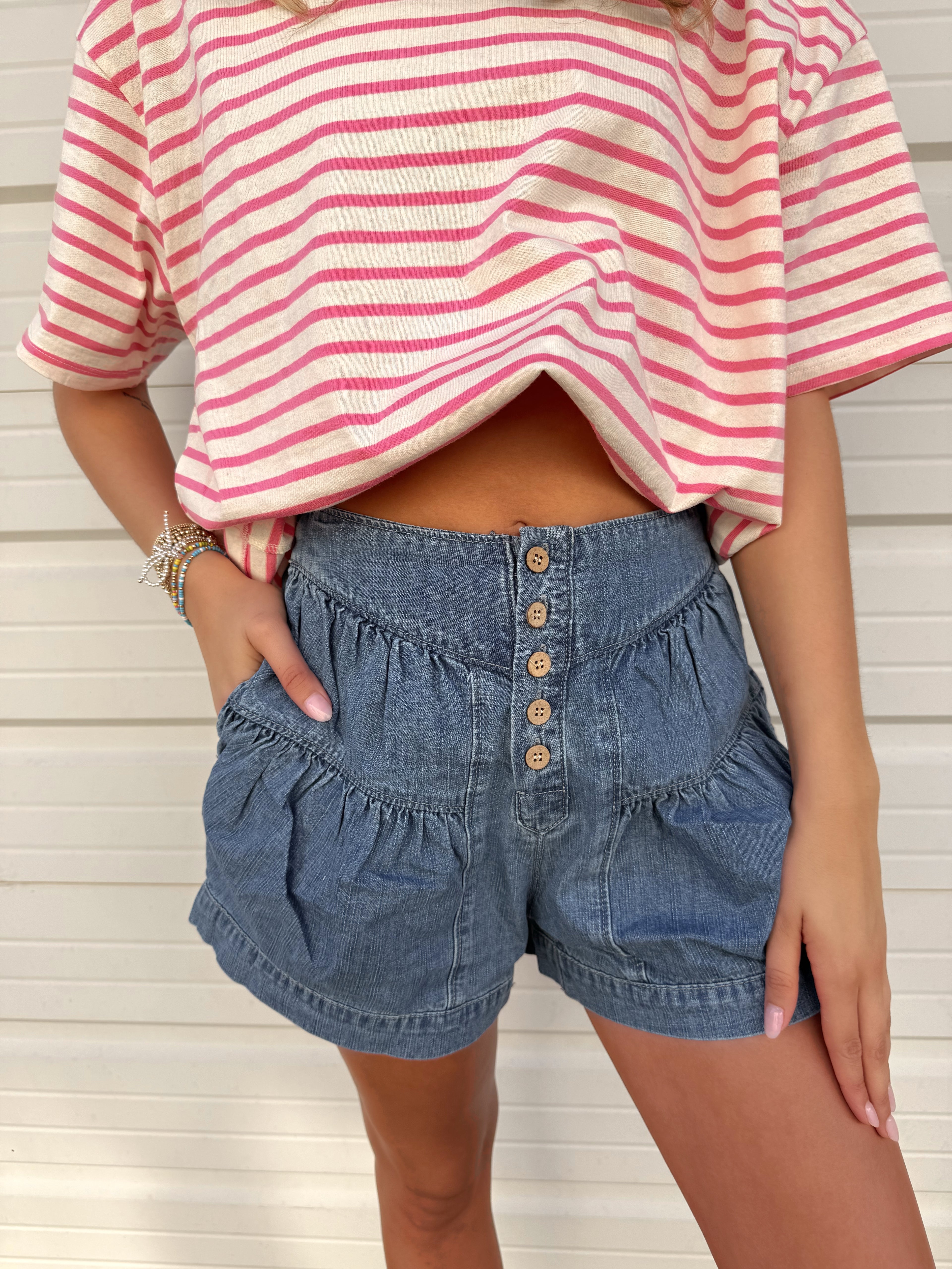 Pleated Denim Shorts