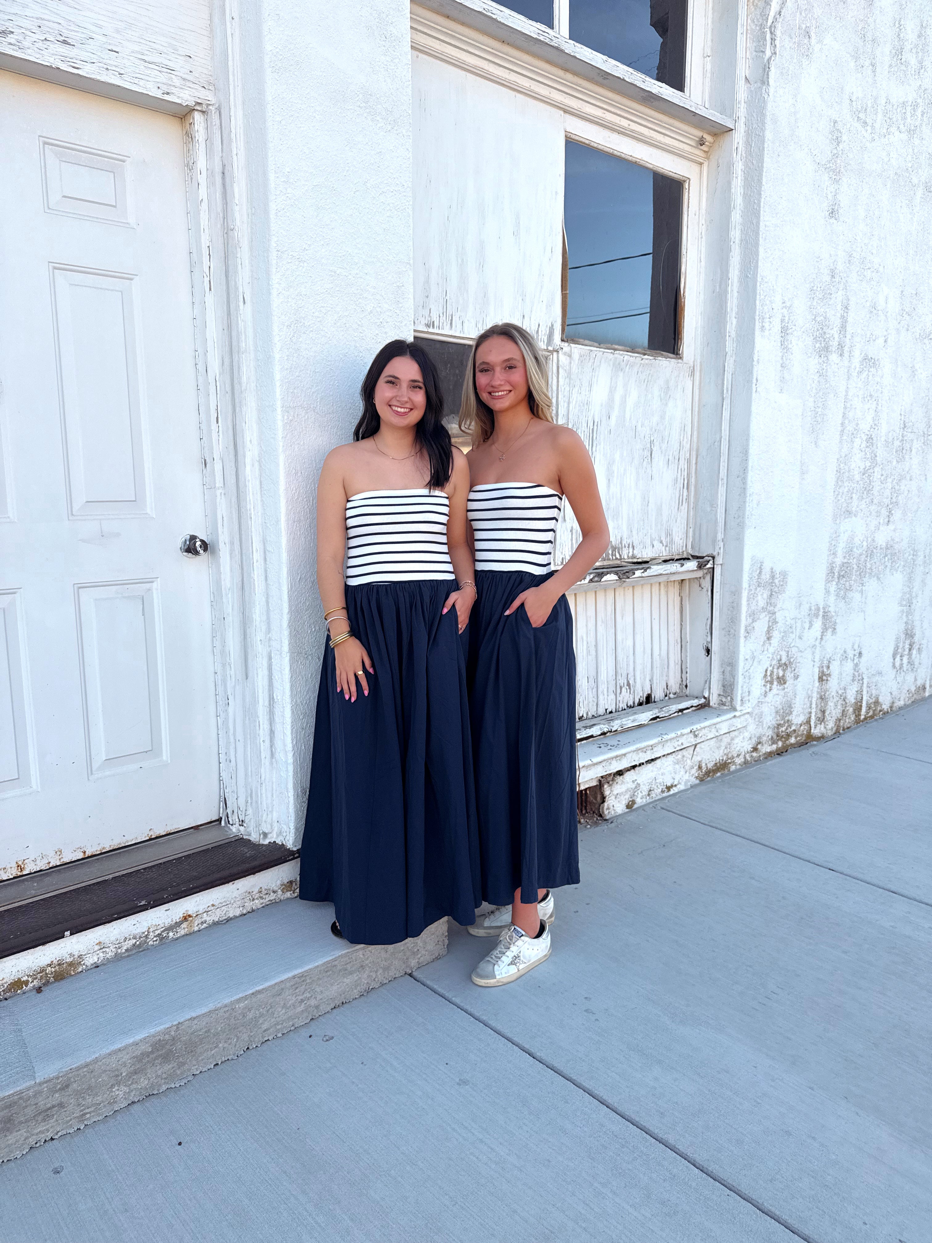 Striped Strapless Flowy Midi Dress