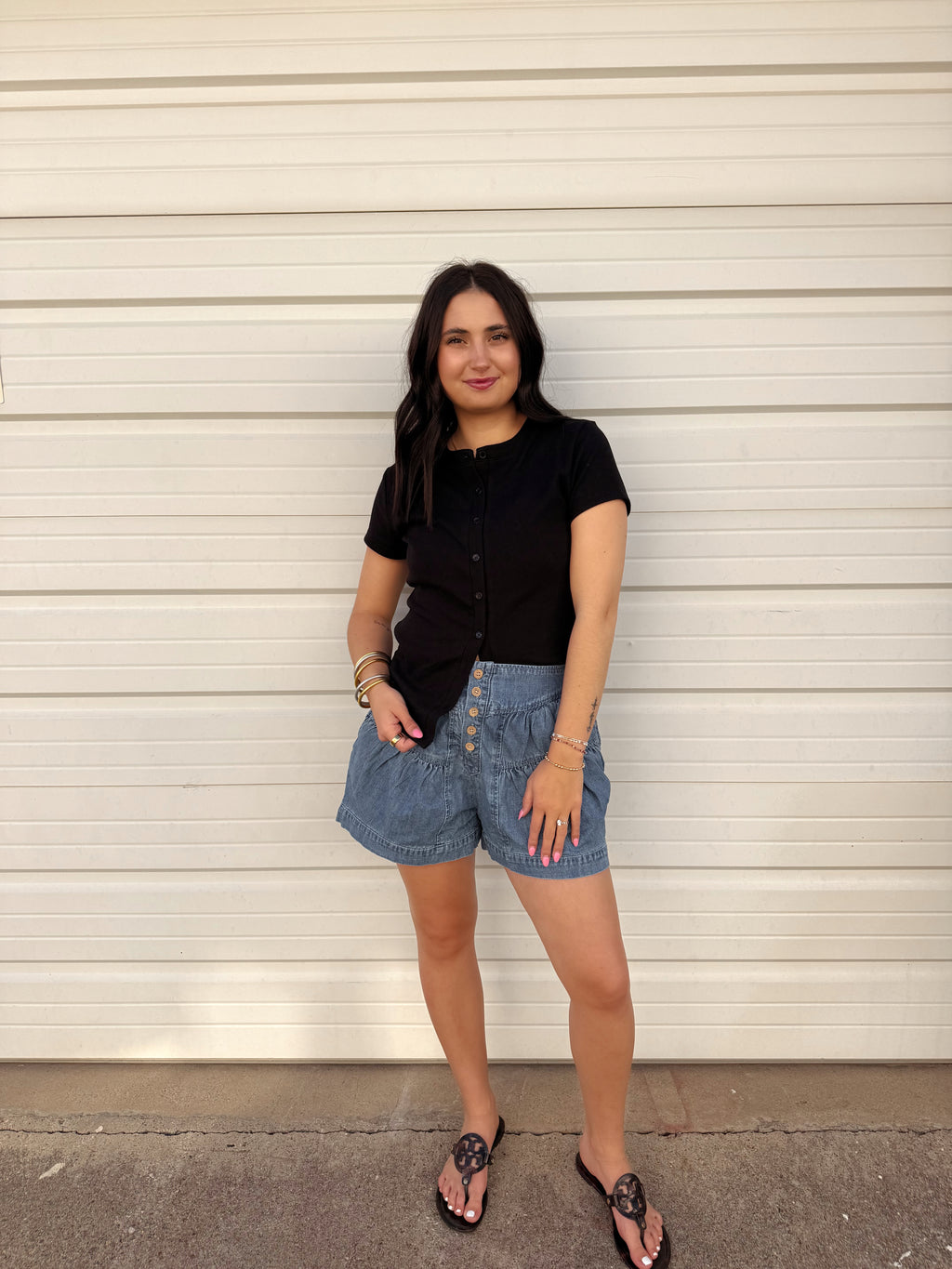 Ribbed Button-Front Crew Neck