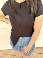 Ribbed Button-Front Crew Neck